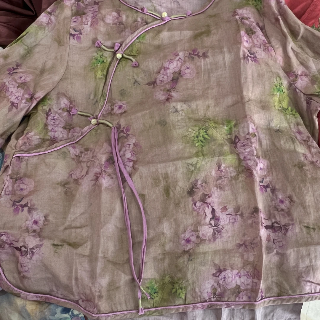 国风苎麻印花衬衫女2024夏季新款斜襟盘扣圆领上衣新中式茶服小衫