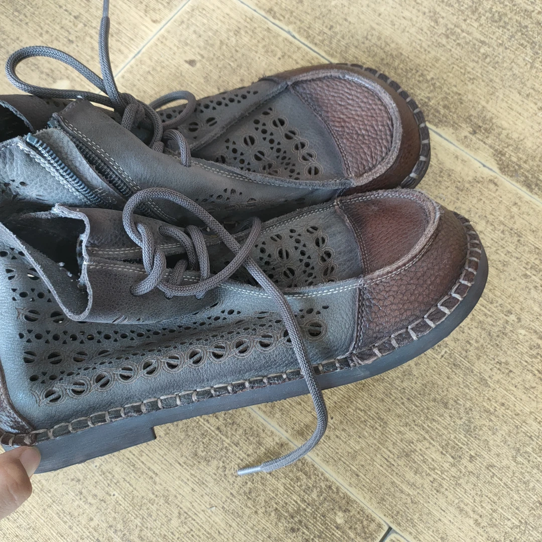 2024夏新款头层牛皮软底复古凉靴镂空透气短靴休闲百搭女式凉鞋