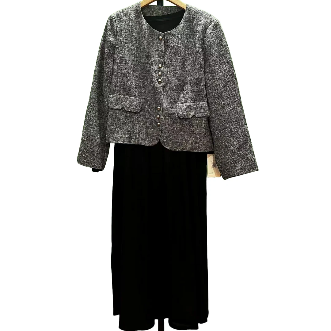 小香风外套黑色长袖连衣裙套装