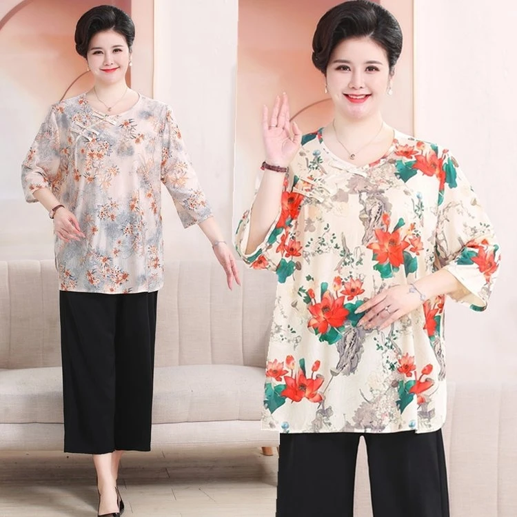 2024新款大码中袖精品中老年妈妈婆婆装上衣 宽松弹力透气遮肉