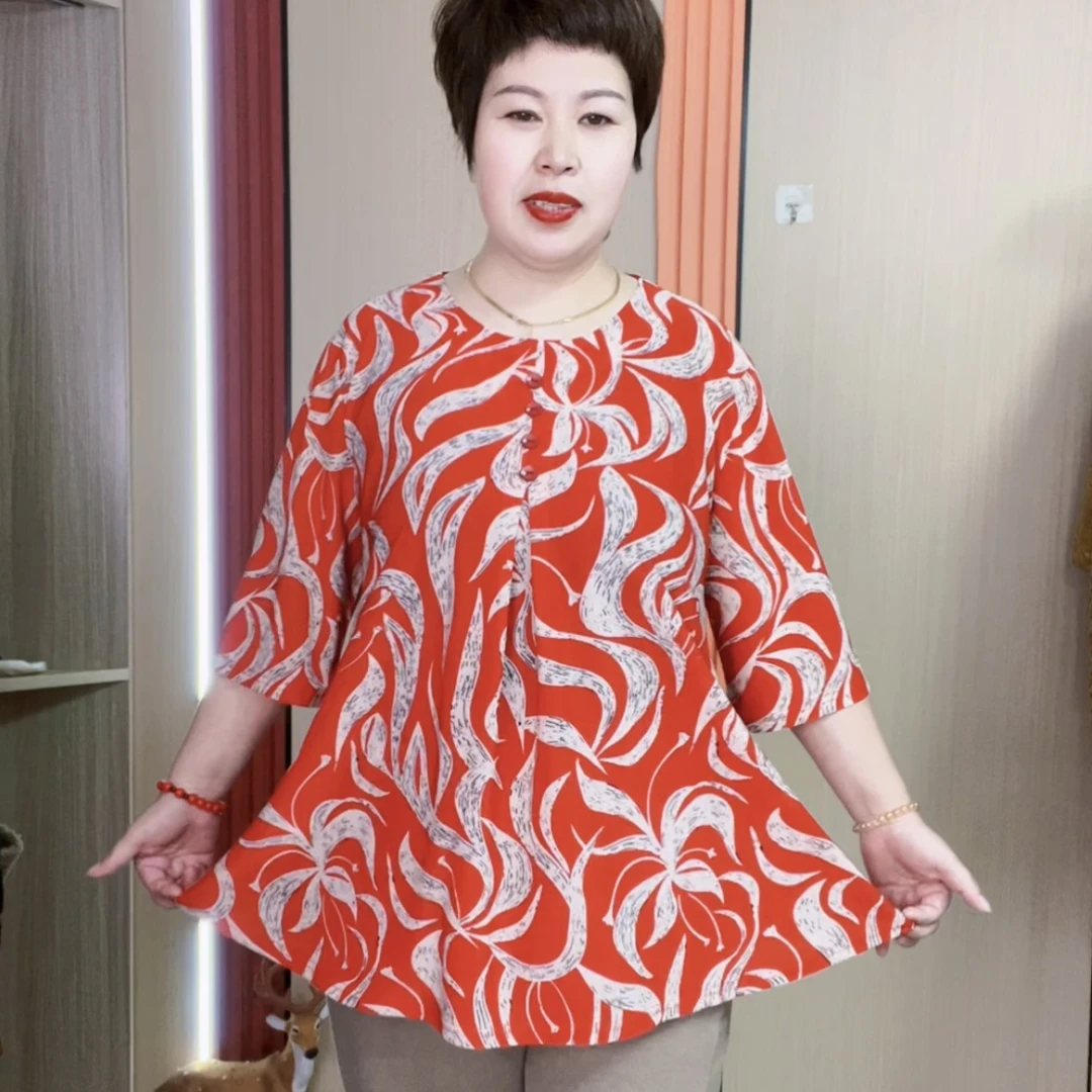 新款大码中袖中老年妈妈装 弹力印花透气遮肉宽松夏季时尚