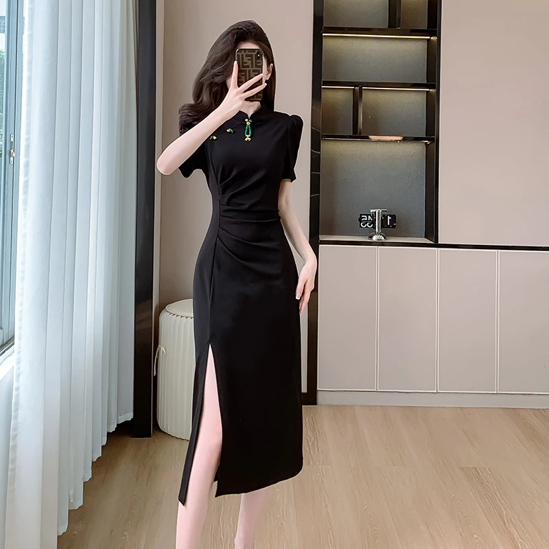 2024夏新款新中式名媛气质褶皱收腰显瘦修身包臀中长款开叉连衣裙