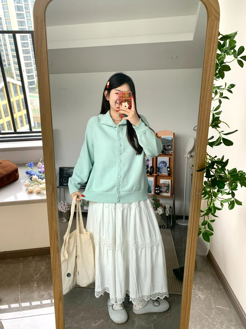 8080大码女装韩系温柔风翻领百搭单排扣开衫女设计感洋气减龄长袖