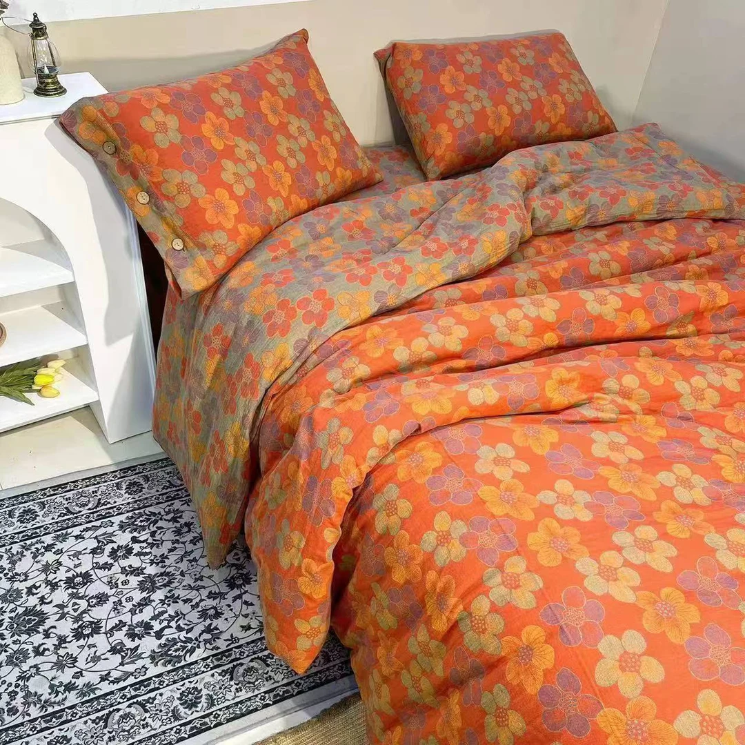 【橘色四叶草】纯棉双层纱布料 宽幅2.5米 色织提花 双面可用