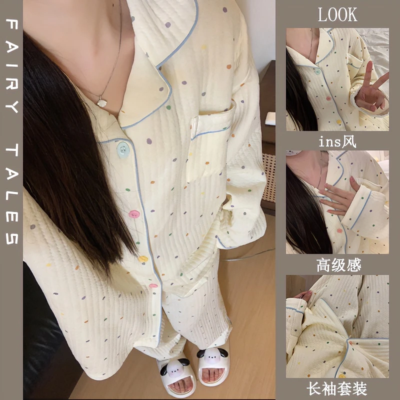 夹棉保暖睡衣女秋冬季新款甜美ins风印花条纹韩版长袖家居服套装