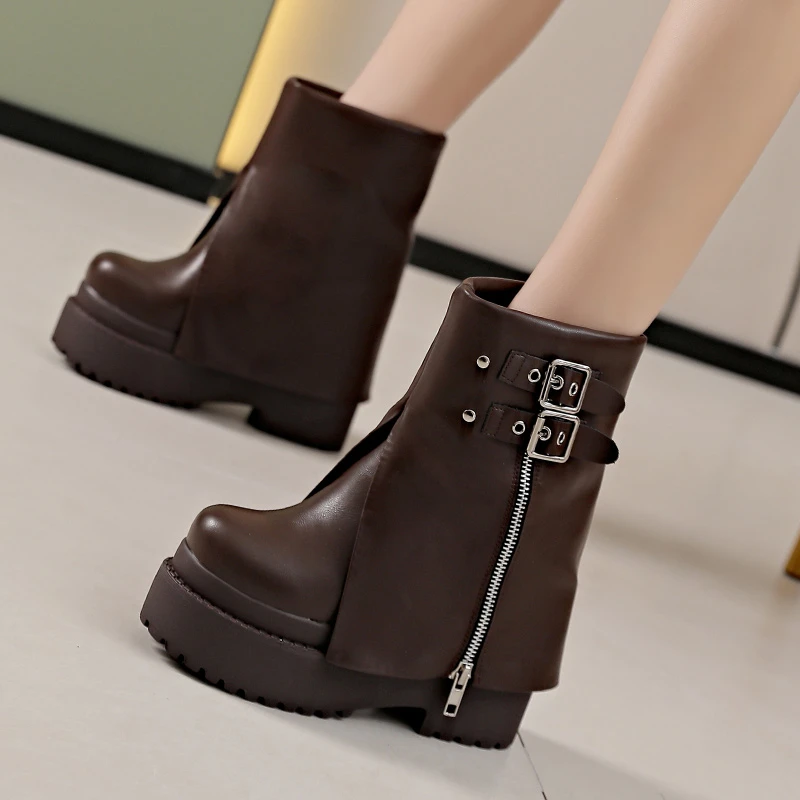 震地王真皮超高跟12CM马丁靴女秋冬季厚底内增高飒裤管靴短筒靴子