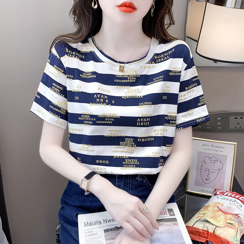 洋气条纹短袖T恤女2025年夏季新款宽松bf慵懒风字母印花半袖上衣