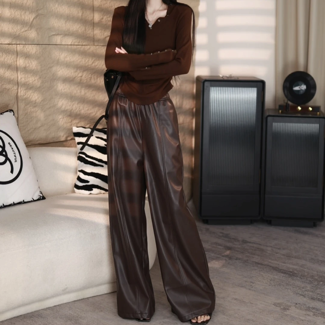 EDX原创秋季新款亮面松紧腰长裤女设计款酷飒辣妹蛋白皮裤F58006