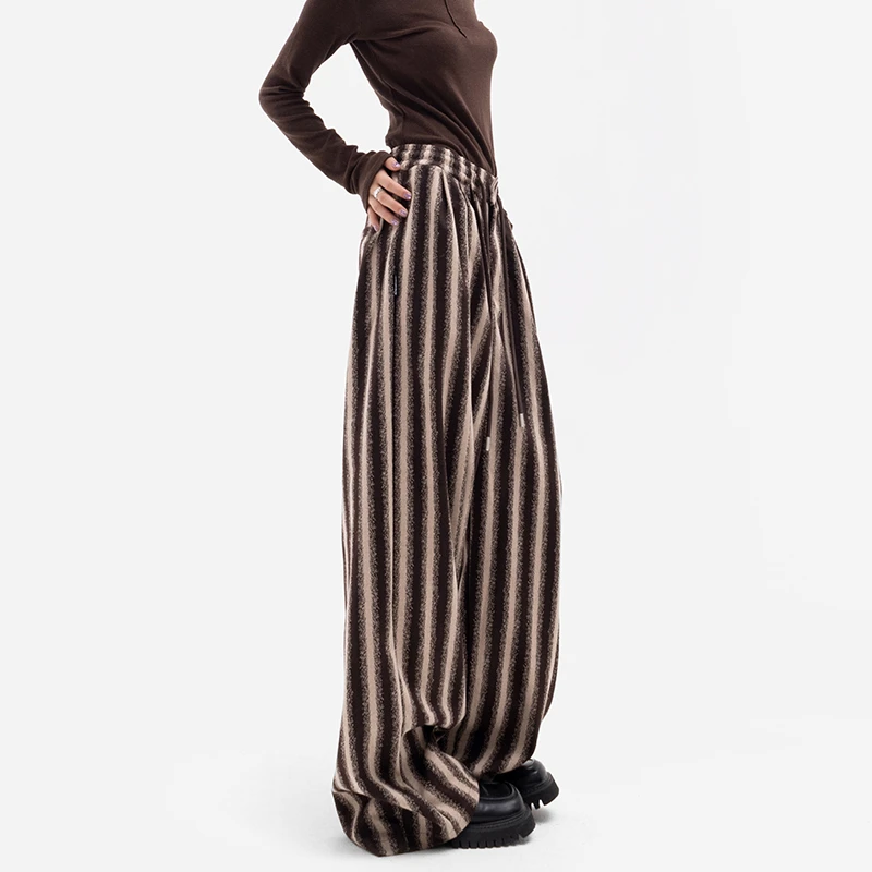 EDX条纹抽绳休闲裤女秋冬款高腰垂感阔腿裤直筒宽松显瘦拖地裤子