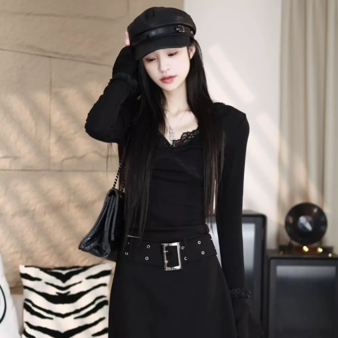 EDX原创性感v领长袖T恤女打底衫纯欲辣妹黑色低领收腰上衣731912