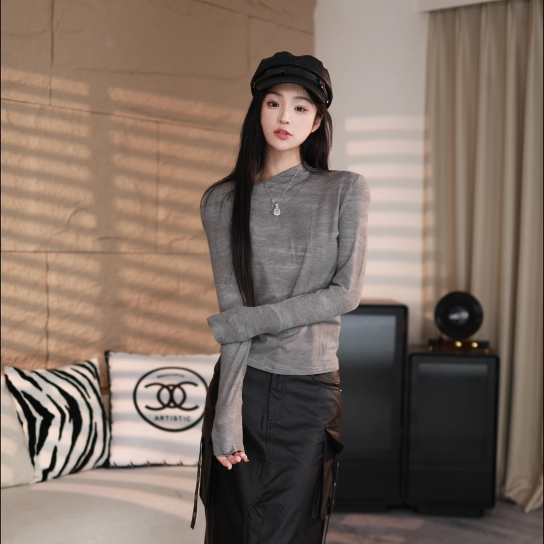 EDX原创秋冬设计感修身斜肩长袖女辣妹渐变灰百搭显瘦打底衫58877