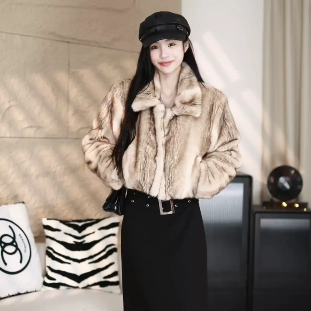 EDX原创秋冬卡其皮毛翻领环保毛短款外套女冬季高级感上衣623009