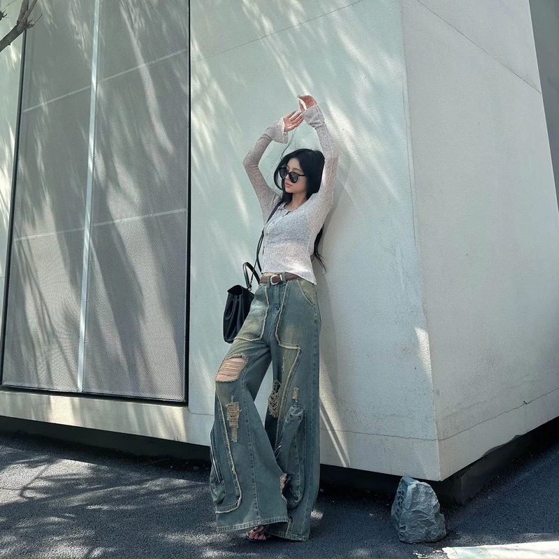 EDX美式复古做旧解构流苏工装裤女慵懒风秋季大口袋破洞裤82025