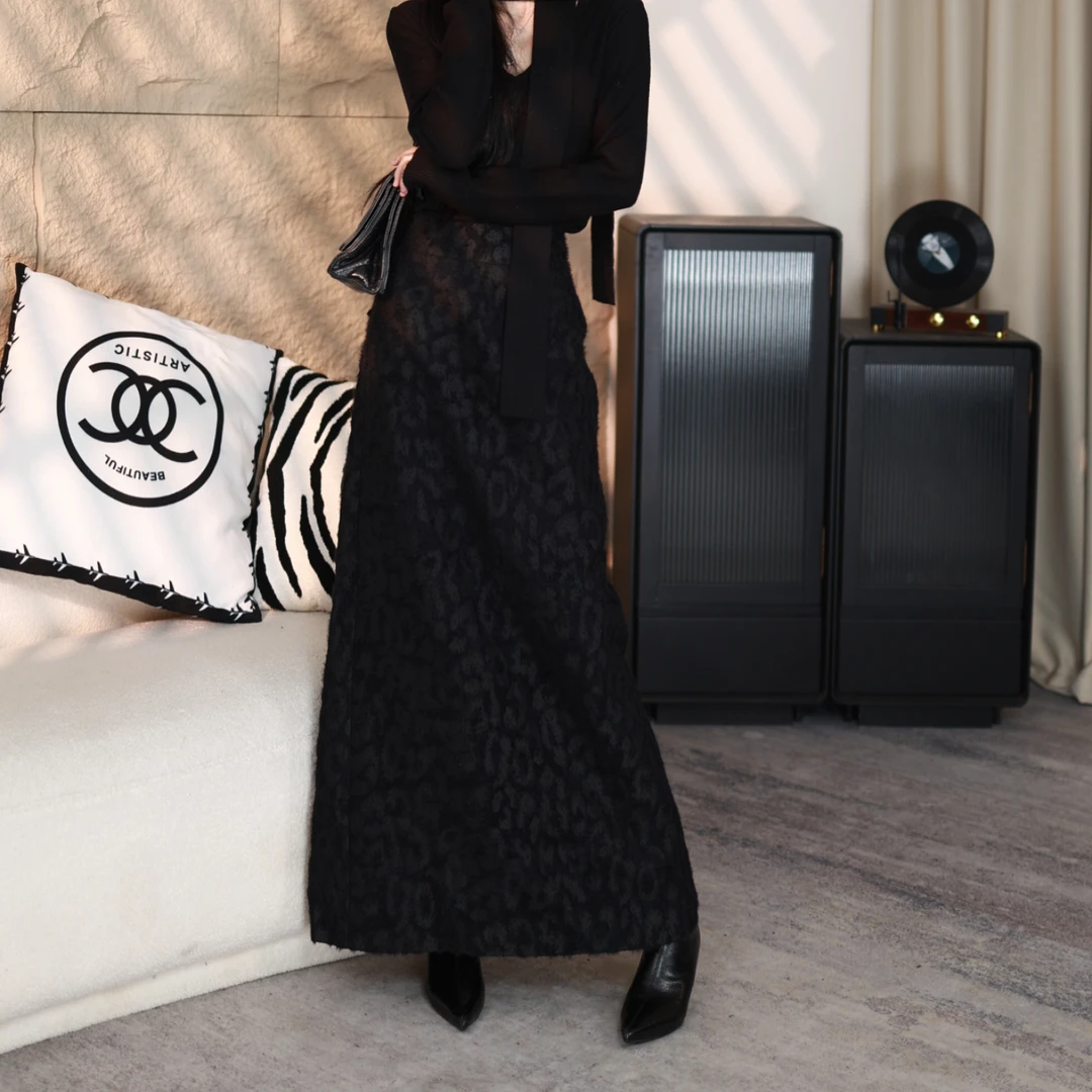 EDX冬季新款高级感豹纹毛呢长裙女小众设计感收腰A字版半身裙1127