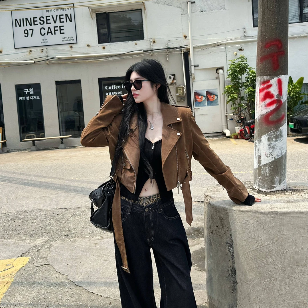 EDX棕色拉链夹克秋季绒面上衣女酷飒高级感小众绑带短外套5313