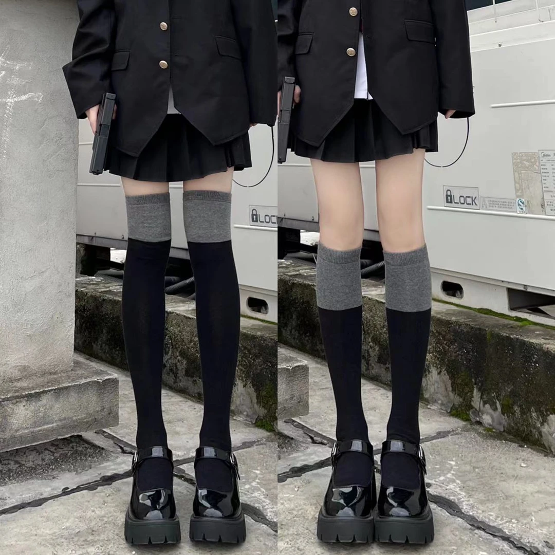 【双色分段式压力显瘦】黑灰 拼接jk中筒日系 小腿袜过膝长筒袜塑腿