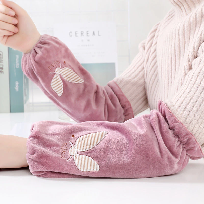 秋冬女士长款 袖套蝴蝶结成人 毛绒套袖护袖防污保暖办公学生袖套