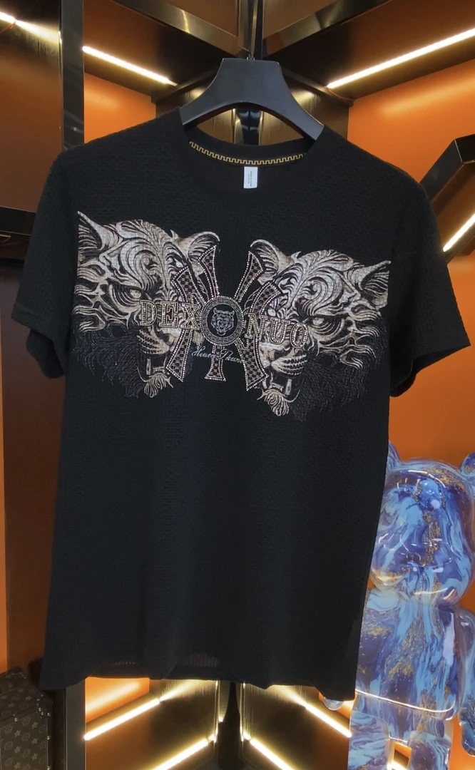 2024新款轻奢男士T恤镶钻背心夏季潮流百搭男款短袖气质印花