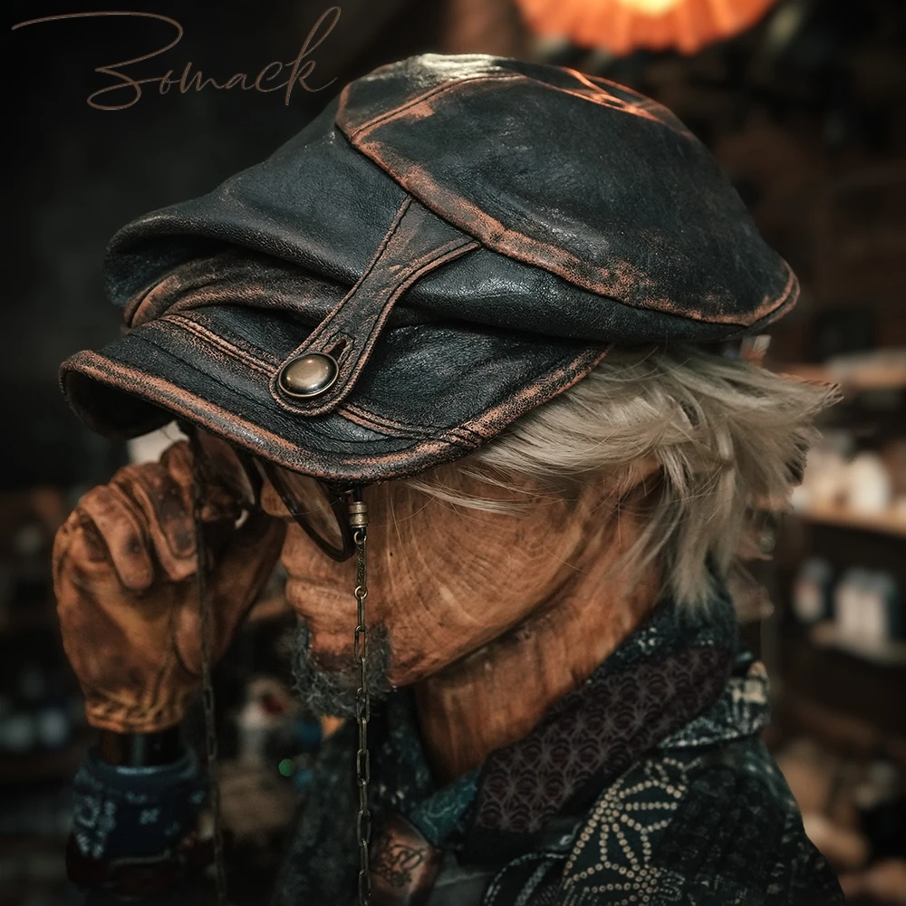ZOMACK/八角贝雷帽女真植鞣真皮美式复古报童帽前进男英伦堆堆帽