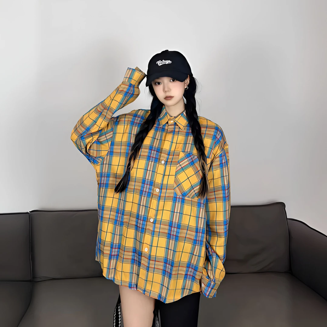 【专属】悟空有货美式复古黄色格子长袖衬衫男女秋季情侣欧若风外套