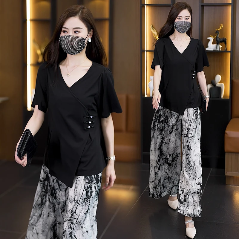 新中式国风套装2024夏新款复古宽松斜襟盘扣v领上衣水墨花阔腿裤