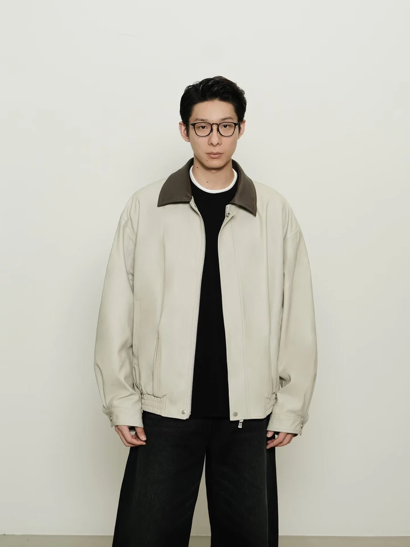 简约拼色男女同款皮衣