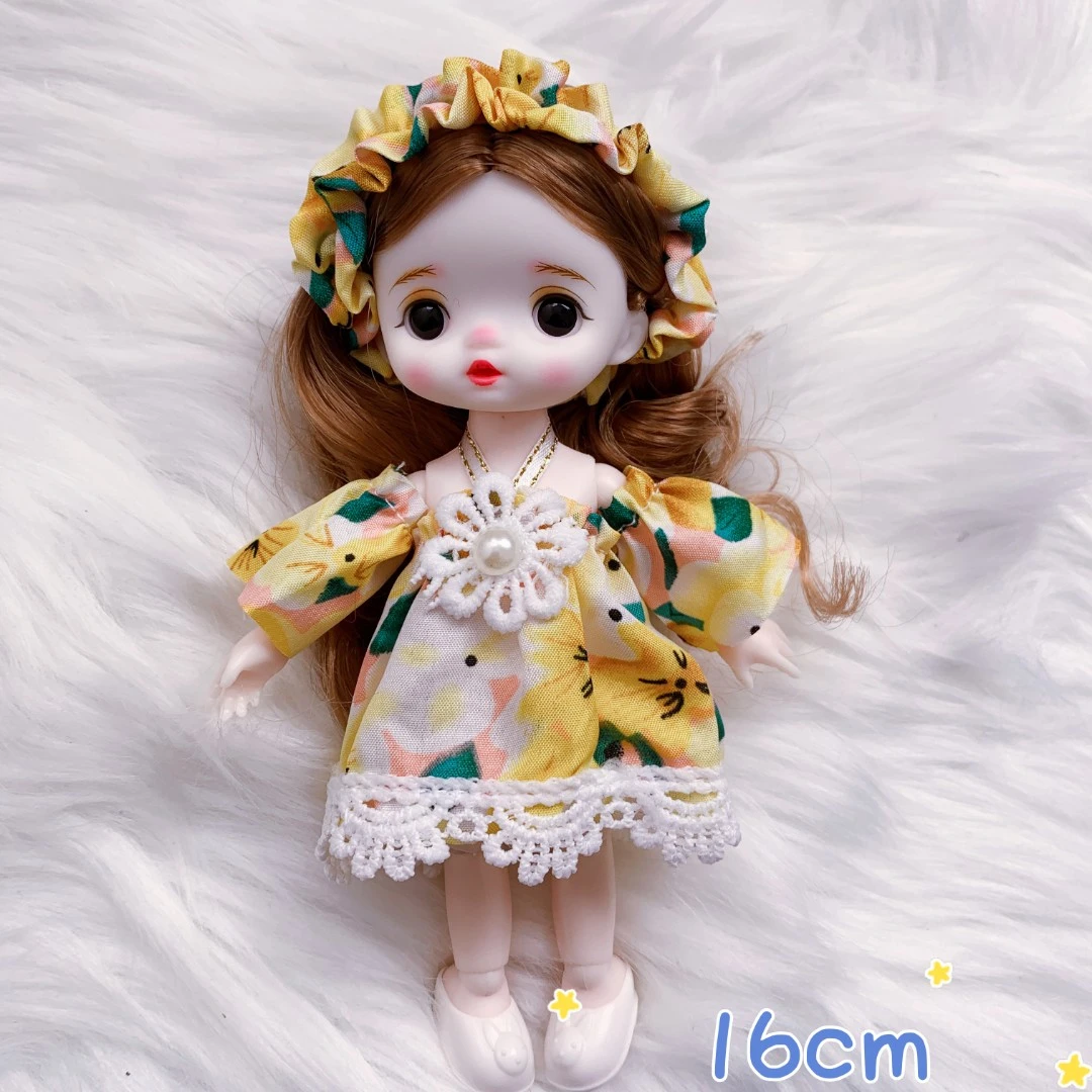16cm黄色碎花搪胶娃娃芭比娃娃洋娃娃女孩玩具小公主玩具DIY