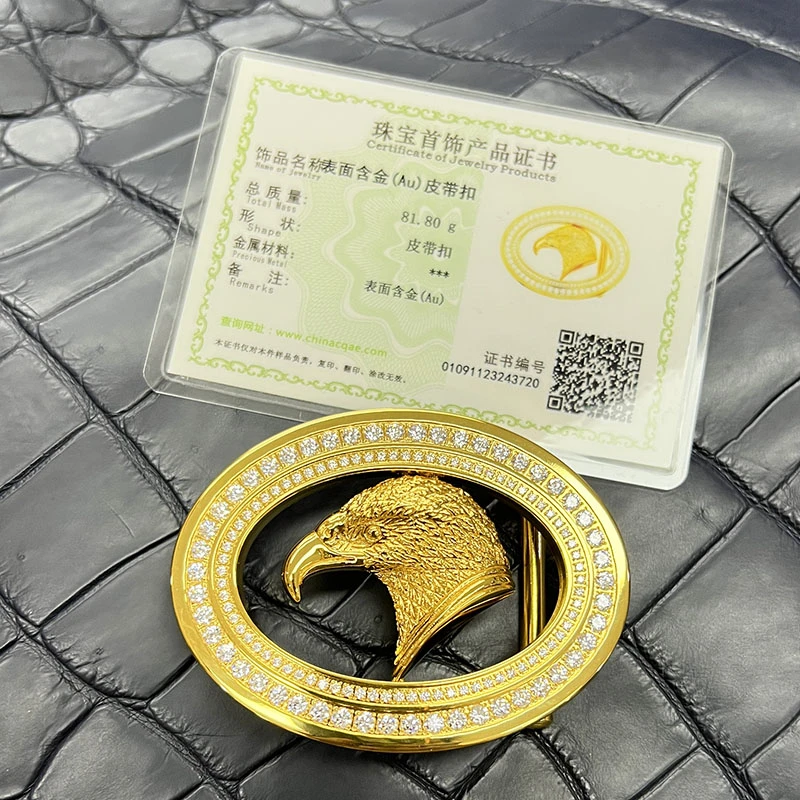 淑抱盛精钢24K包金鹰头扣镶钻男士皮带扣平滑扣 百搭扣头3.8宽