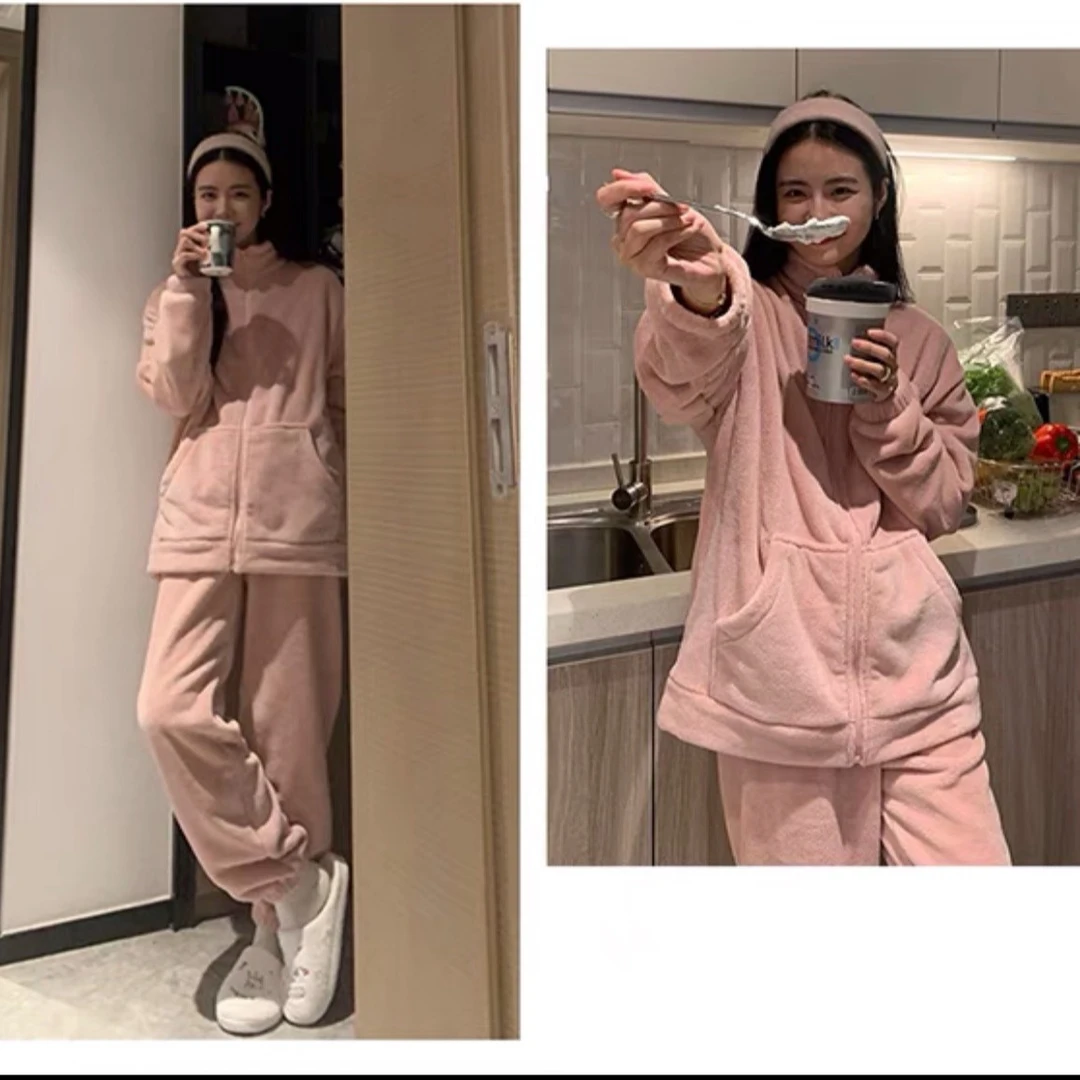 网红风摇粒绒睡衣冬季小个子拉链款蜜桃粉限量版韩版休闲洋气