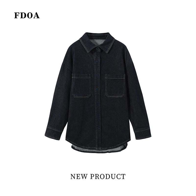 FDOA 复古欧货宽松版男友风中长款休闲牛仔衬衣深色外套S038