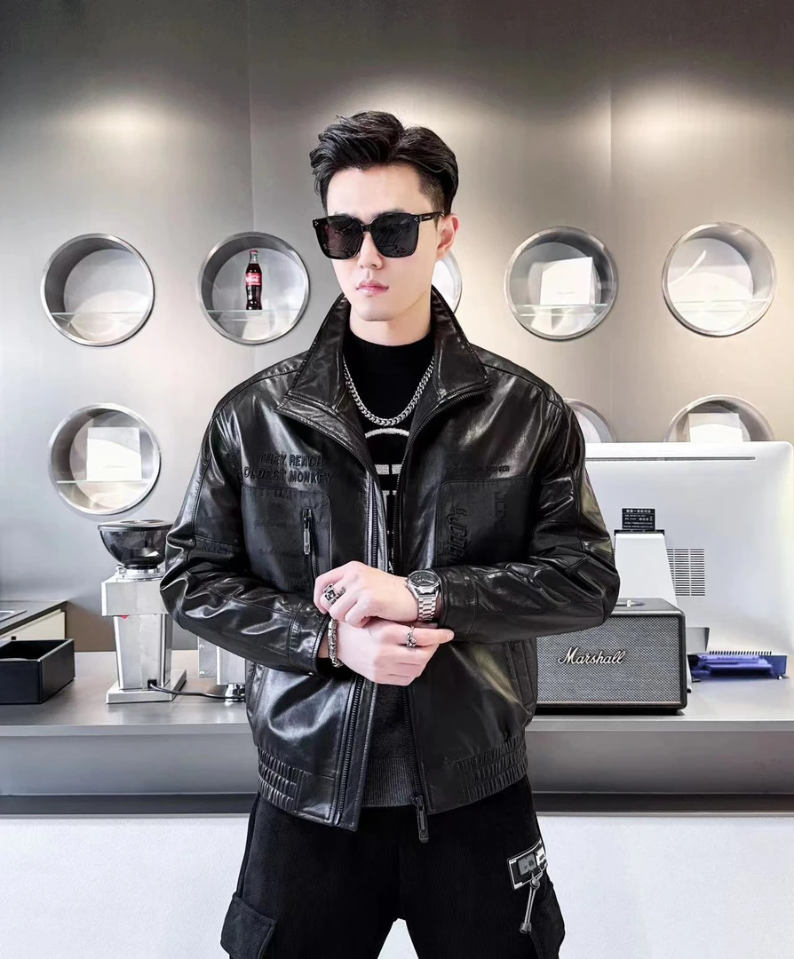2023男士真皮夹克拼接潮牌时尚休闲潮流帅气秋冬山羊皮百搭外套