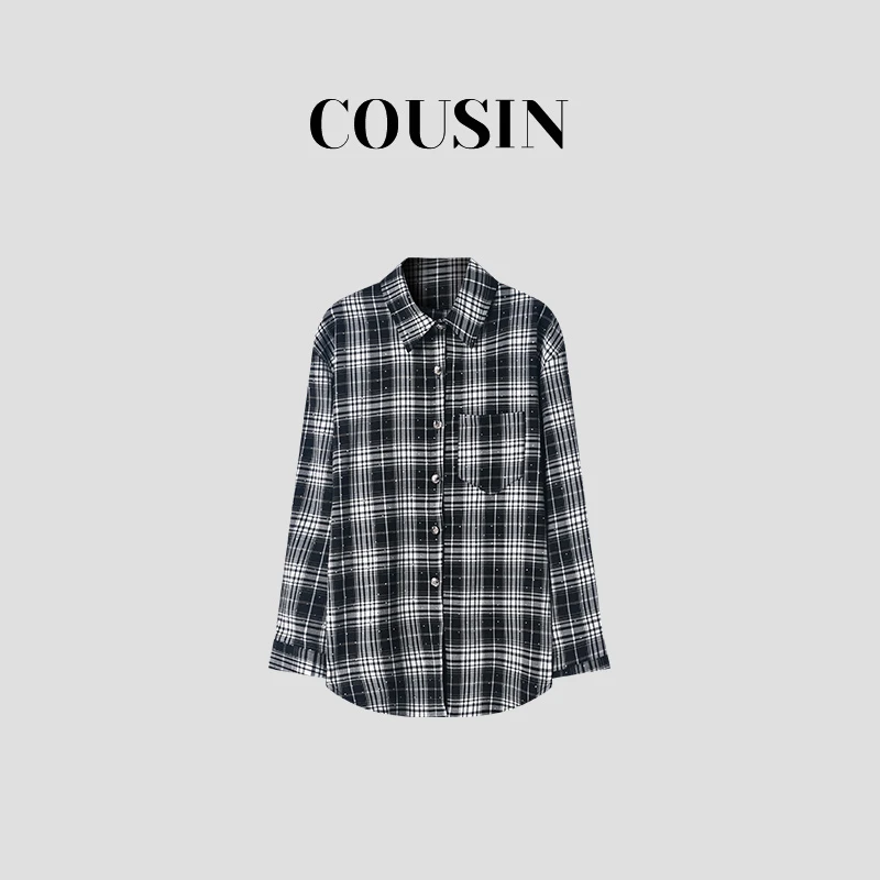 D.cousin 重工烫钻格子衬衣长袖衬衫上衣女 175