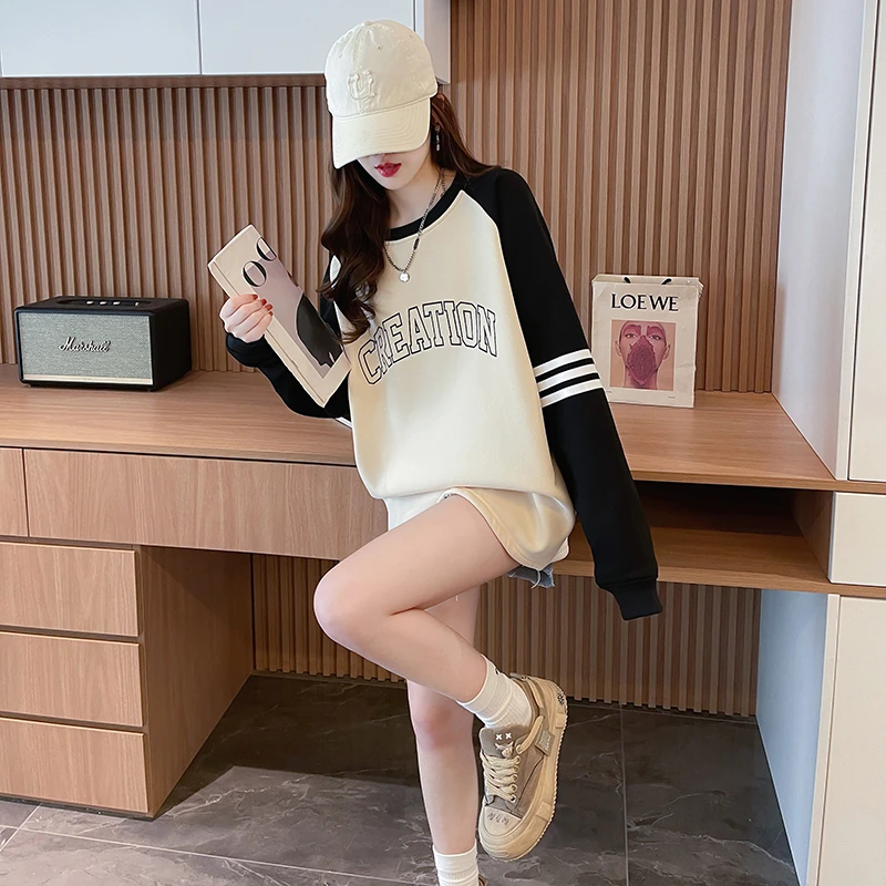 实拍华棉复合真超加绒插肩袖潮卫衣冬圆领保暖上衣大码女装200