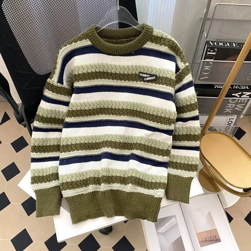 小众日系圆领条纹毛衣男女设计感套头百搭款宽松针织衫休闲