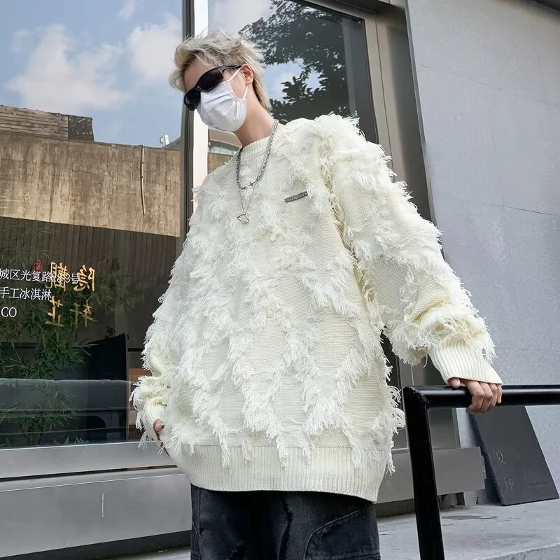 美式复古小众毛边流苏毛衣男女秋冬季软糯懒惰风情侣针织衫