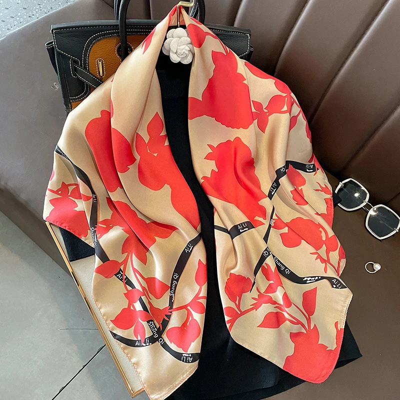 红色花卉大丝巾女时尚百搭长纱巾春秋冬季披肩两用薄围巾护颈围脖