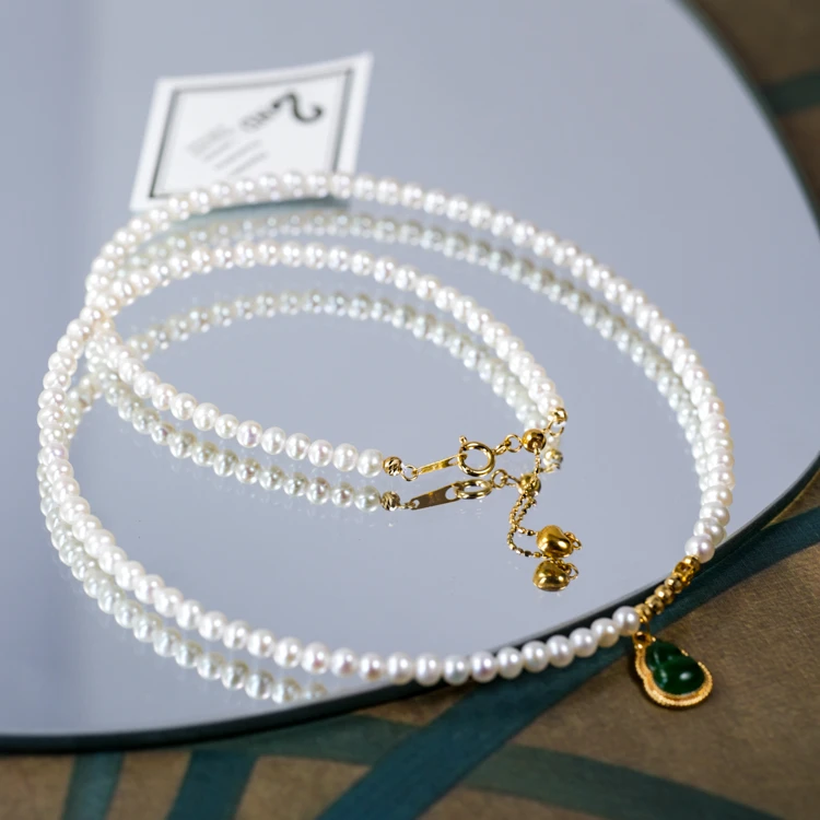 天然高光极亮珍珠18K金镶嵌翡翠葫芦