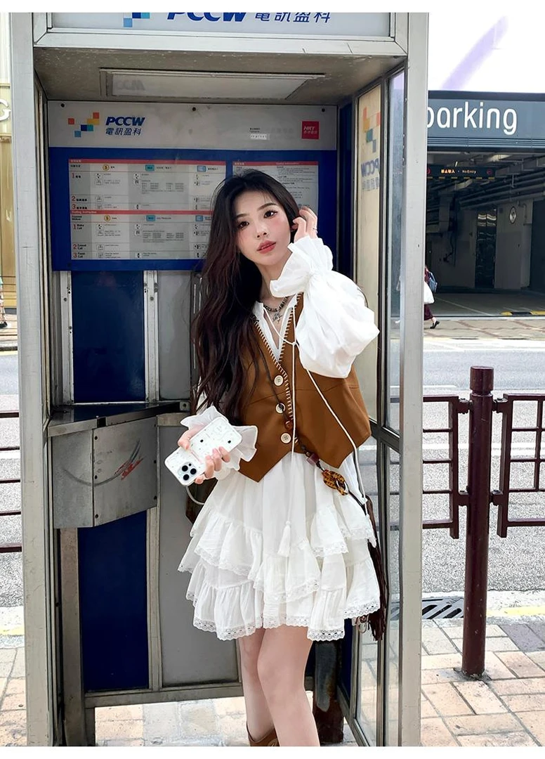 蕾丝长袖连衣裙秋季韩版收腰显瘦内搭白色短裙女小个子复古小马甲