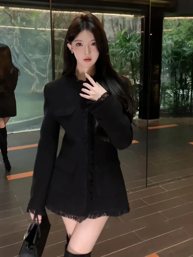 小香风收腰毛呢外套女秋冬显瘦修身黑色蕾丝边御姐上衣百搭短裤