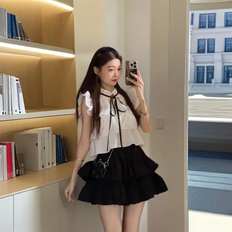 富家千金立领夏季蝴蝶结绑带学院风短袖衬衫女小个子半身裙蛋糕裙