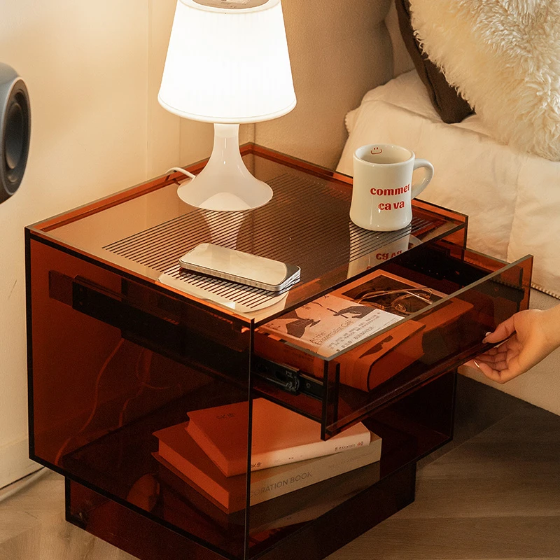 灰方亚克力床头柜现代简约抽屉柜卧室创意高级感储物边柜家用方形