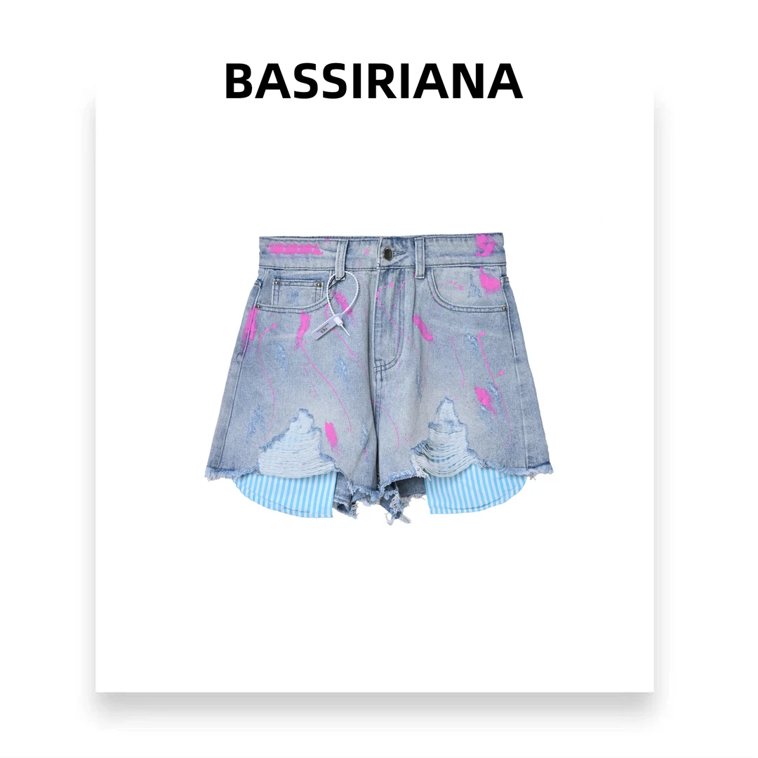 【BASSINIANA】简约风时尚潮流宽松毛边休闲修身牛仔短裤210514