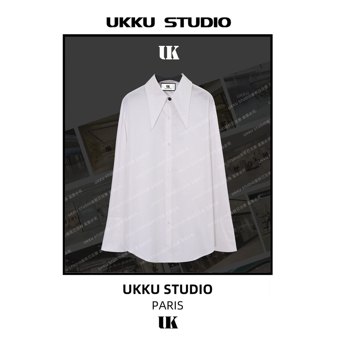 LILI【UKKUSTUDIO】小众纯色简约时尚扣袖衬衫弧形百搭潮2210204