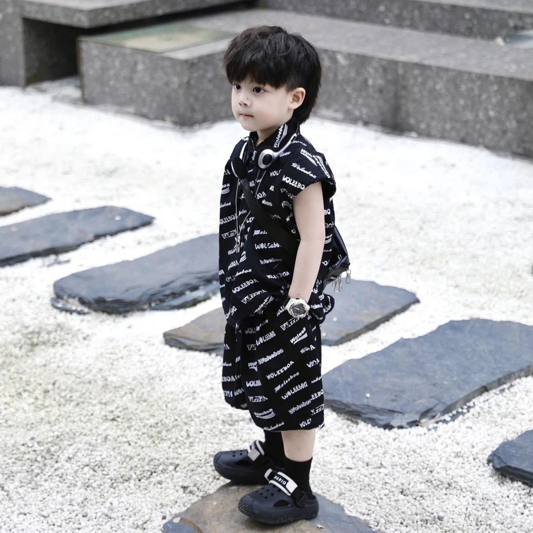 男童夏装背心套装2024新款儿童装黑色男孩潮酷薄款衣服宝宝痞帅气