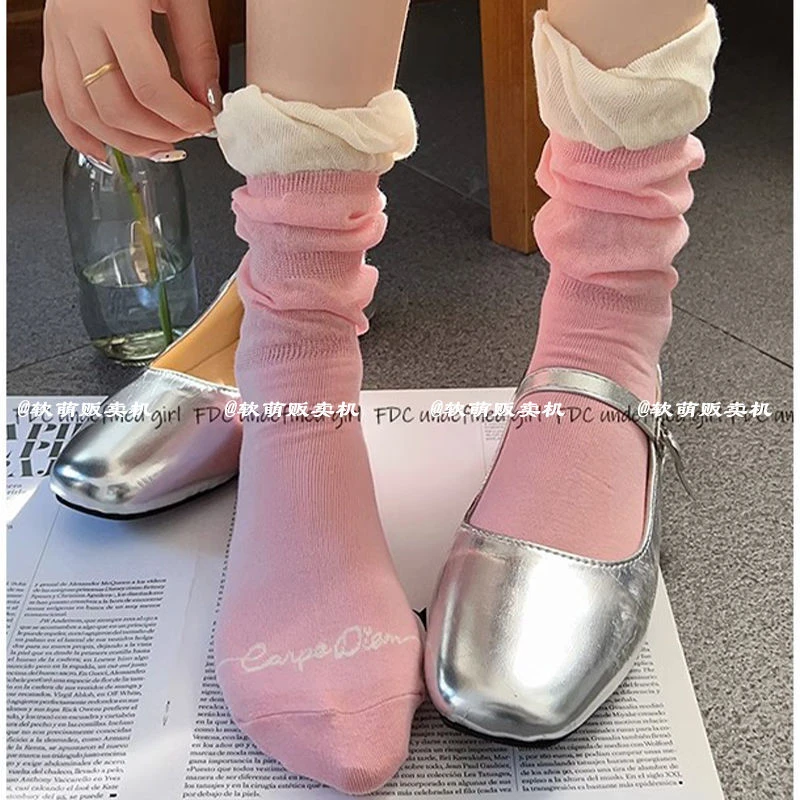 少女拼色堆堆袜日系可爱袜子夏季薄款粉色中筒袜百搭芭蕾风小腿袜