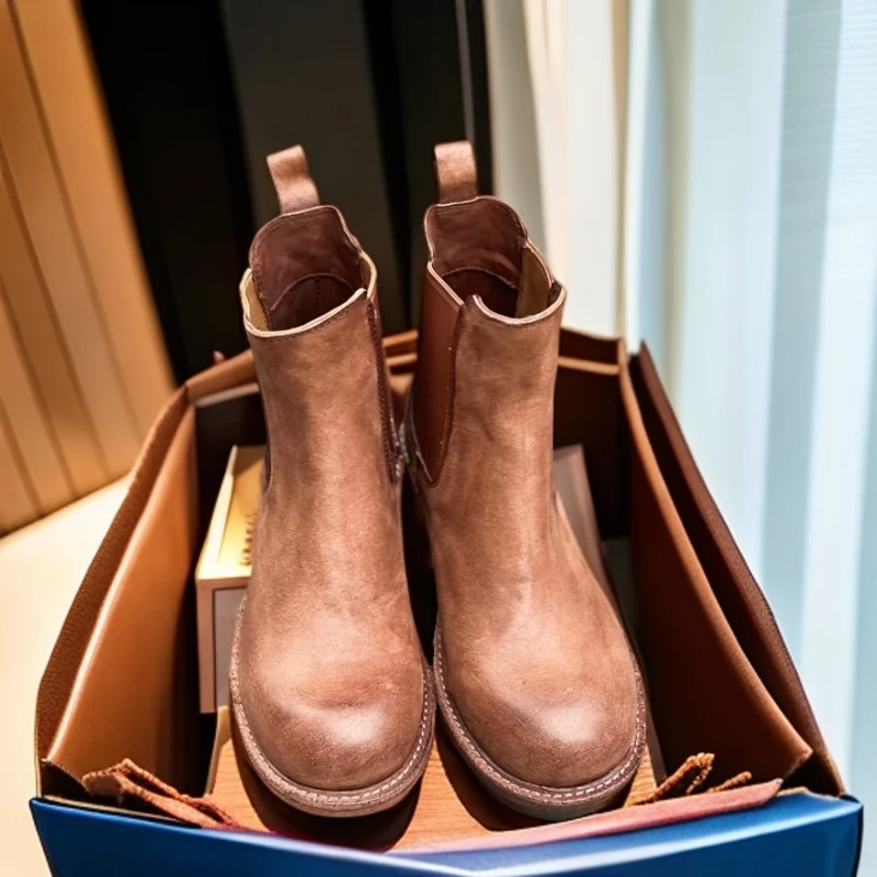 复古切尔西烟筒靴真皮英伦风马丁靴女显瘦粗跟大头烟筒靴时尚