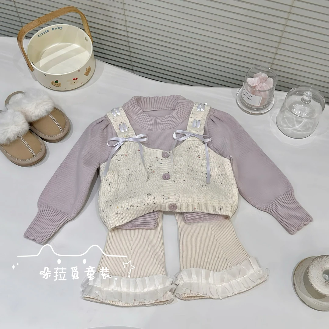 现现韩系蝴蝶结女童假两件毛衣2024新品韩版女宝宝针织开衫套装
