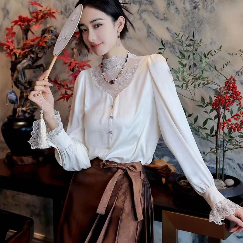 【媛媛女王】春季新款百搭气质时尚蕾丝小众设计感洋气法式衬衫