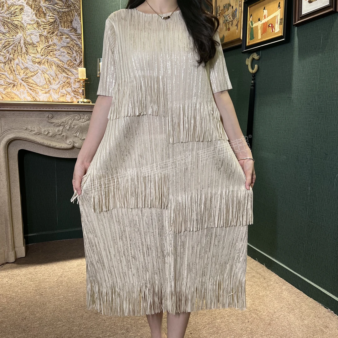 【流苏裙】凤菲凰大码褶皱女装宽松连衣裙时尚气质烫金妈妈礼服裙子