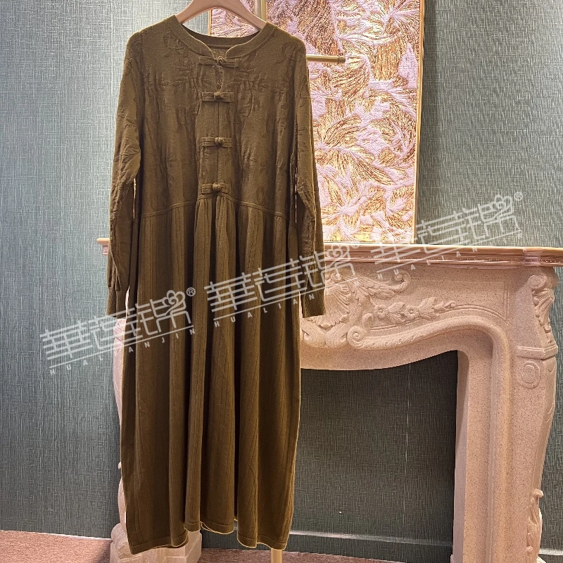 凤菲凰秋冬新款立体印花新中式风加厚简约百搭针织复古宽松连衣裙